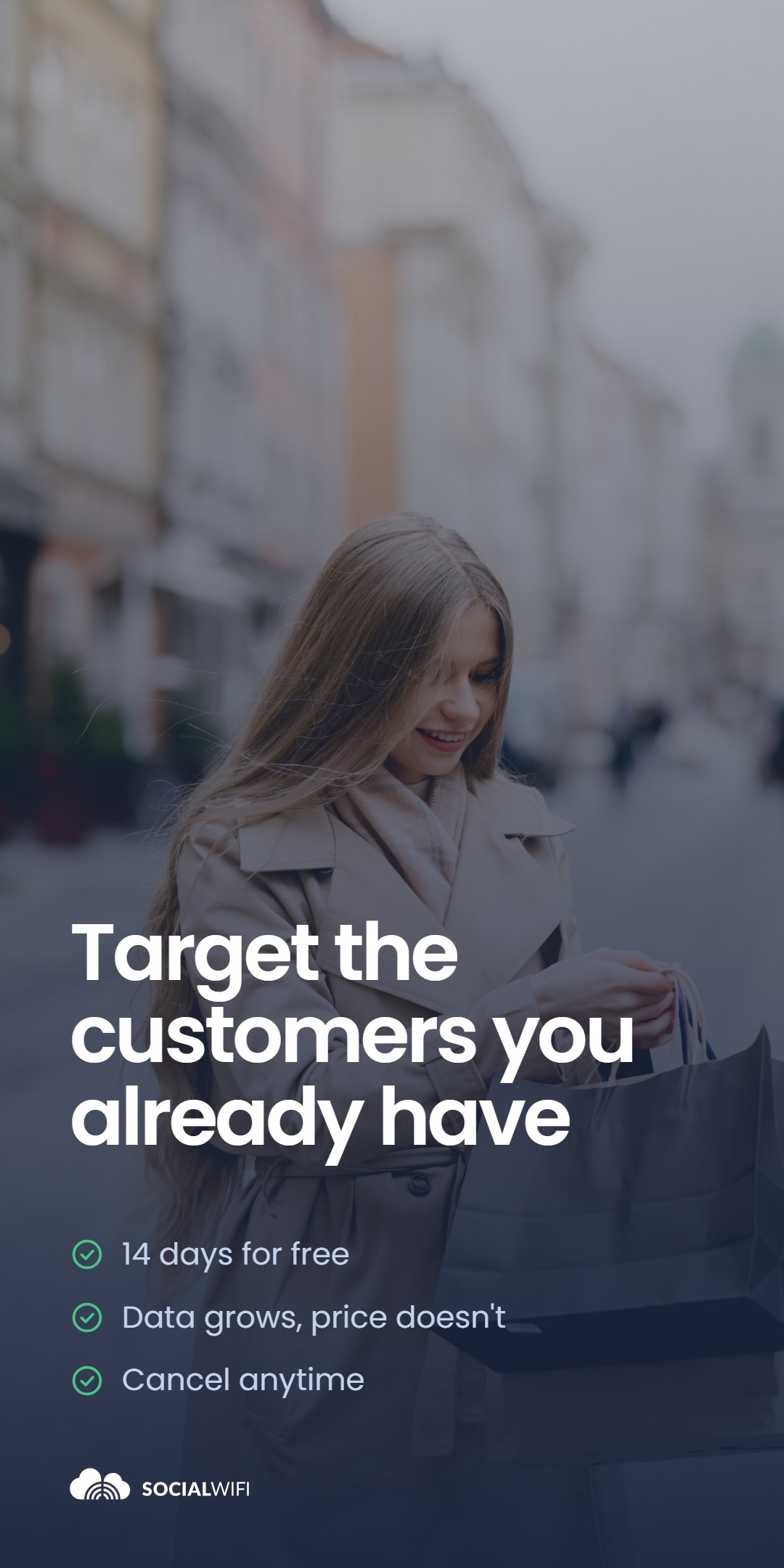 Guest carrying shopping bags on a city street, with the headline 'Target the customers you already have'