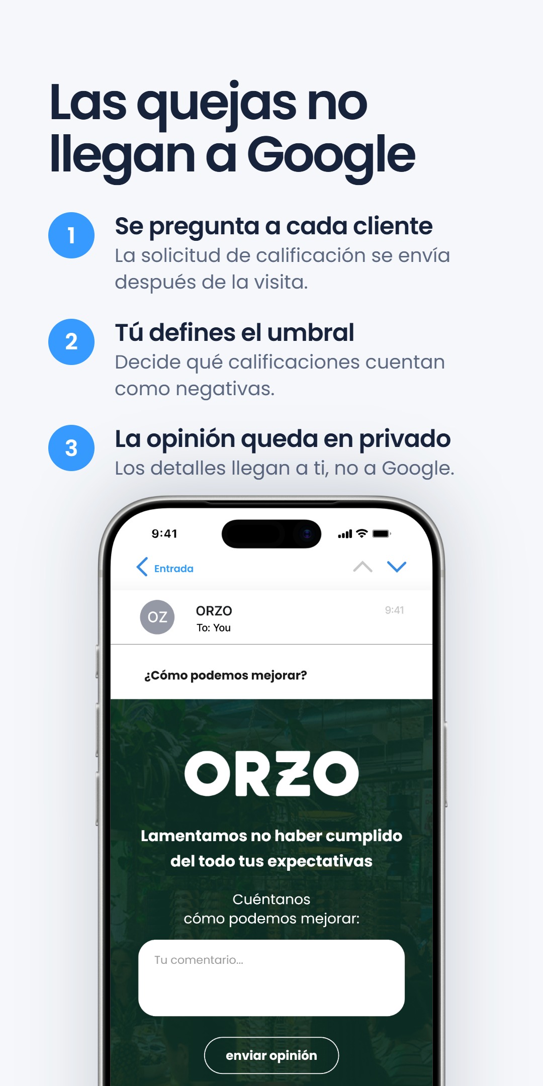 Lista de tres pasos 'Las quejas no llegan a Google' - Se pregunta a cada cliente, Tú defines el umbral, La opinión queda en privado - junto a un teléfono con un correo del restaurante ORZO '¿Cómo podemos mejorar?' y un formulario de opiniones