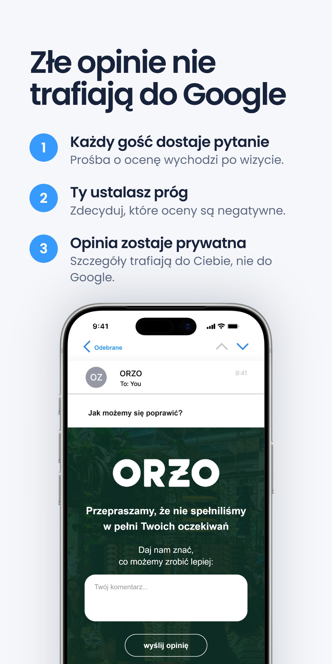 Trzystopniowa lista 'Złe opinie nie trafiają do Google' - Każdy gość dostaje pytanie, Ty ustalasz próg, Opinia zostaje prywatna - obok telefonu z e-mailem restauracji ORZO 'Jak możemy się poprawić?' i formularzem opinii