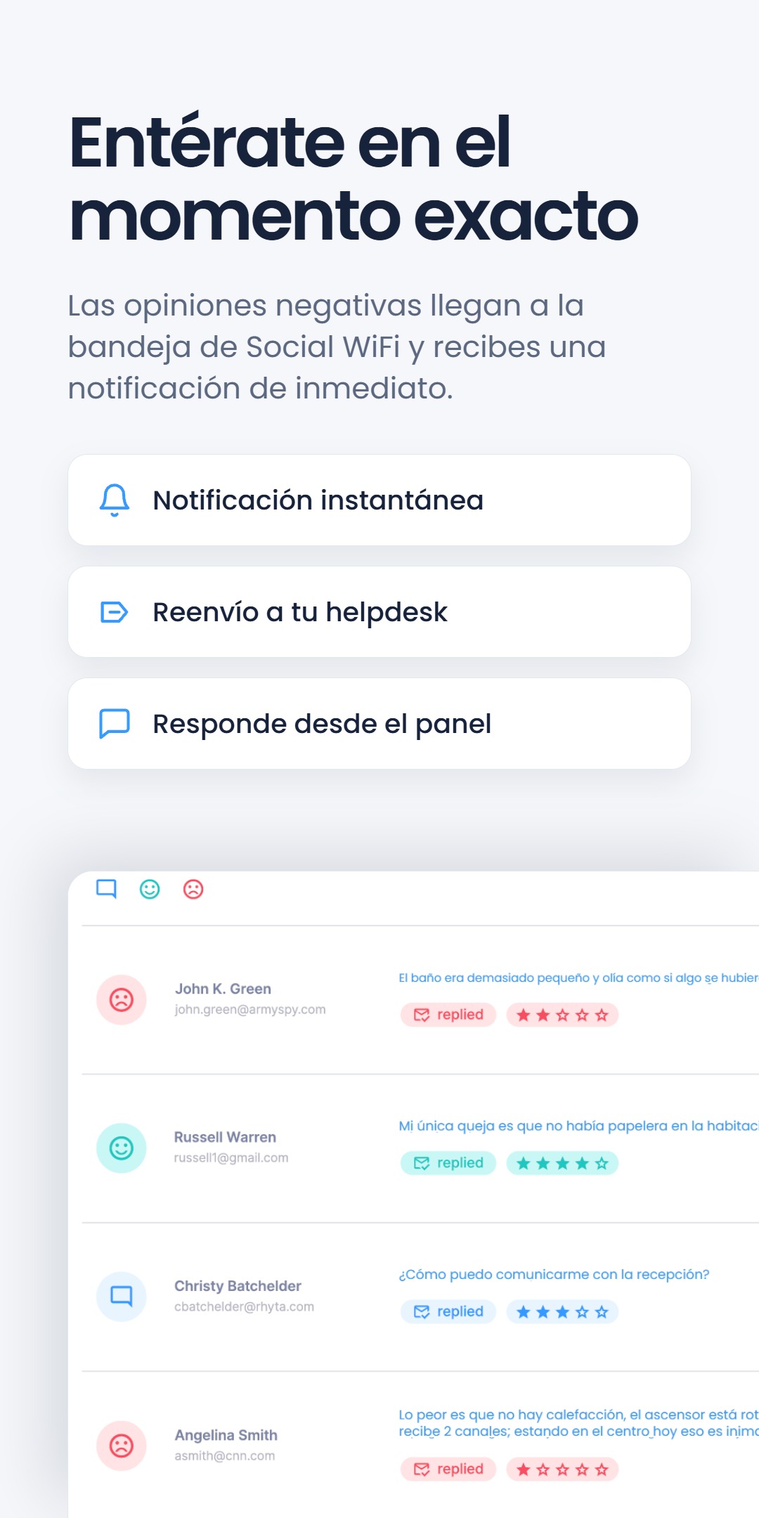 Captura de un panel bajo el titular 'Entérate en el momento exacto' - Notificación instantánea, Reenvío a tu helpdesk, Responde desde el panel - con una lista de opiniones de huéspedes y valoraciones en estrellas