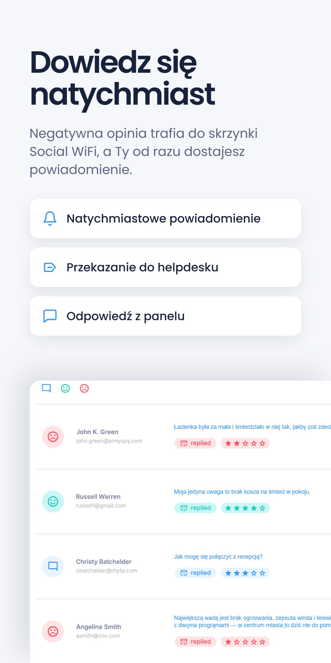 Zrzut panelu pod nagłówkiem 'Dowiedz się natychmiast' - Natychmiastowe powiadomienie, Przekazanie do helpdesku, Odpowiedź z panelu - z listą opinii gości i ocenami w gwiazdkach