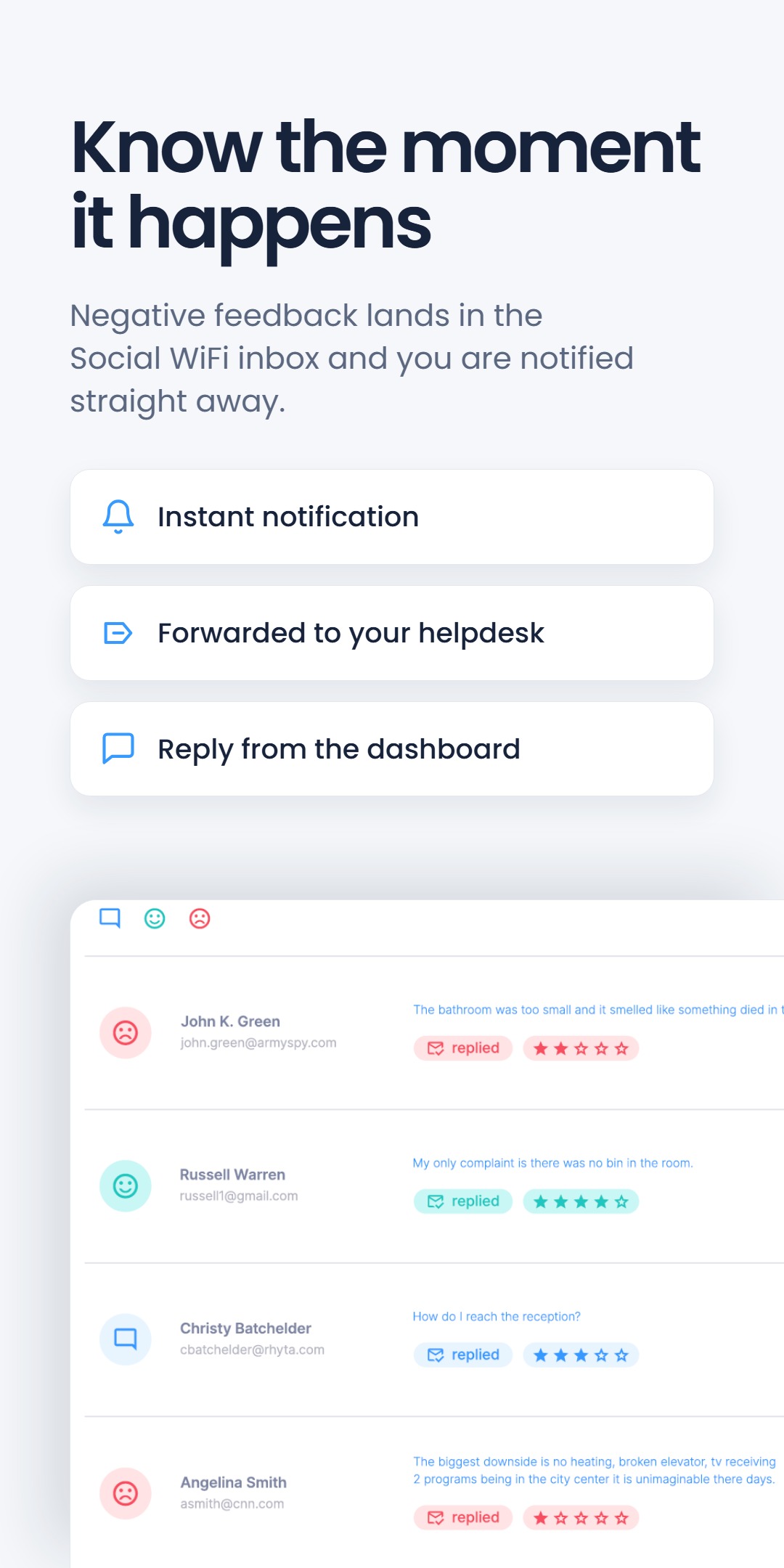 Dashboard mockup under the headline 'Know the moment it happens', highlighting instant notification, forwarding to your helpdesk and replying from the dashboard, with a list of guest feedback messages and star ratings