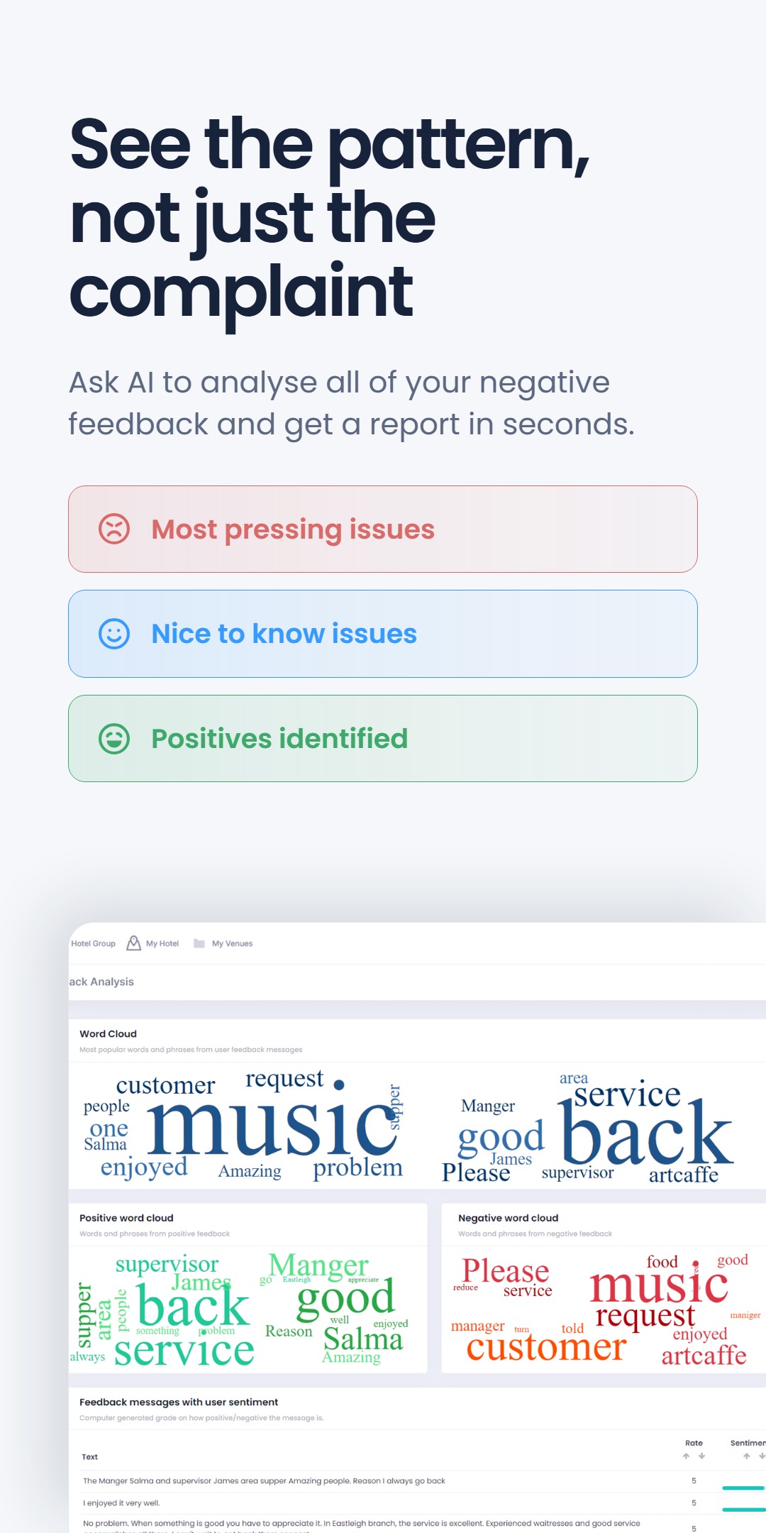 Dashboard mockup headlined 'See the pattern, not just the complaint', with categories for Most pressing issues, Nice to know issues and Positives identified, alongside word clouds summarizing customer feedback themes