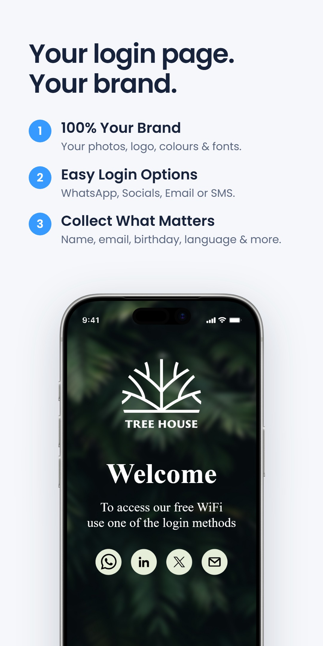 Three login page benefits - your brand, easy login options and collecting what matters - next to a phone showing a custom-branded 'Tree House' WiFi login screen, under the headline 'Your login page. Your brand.'