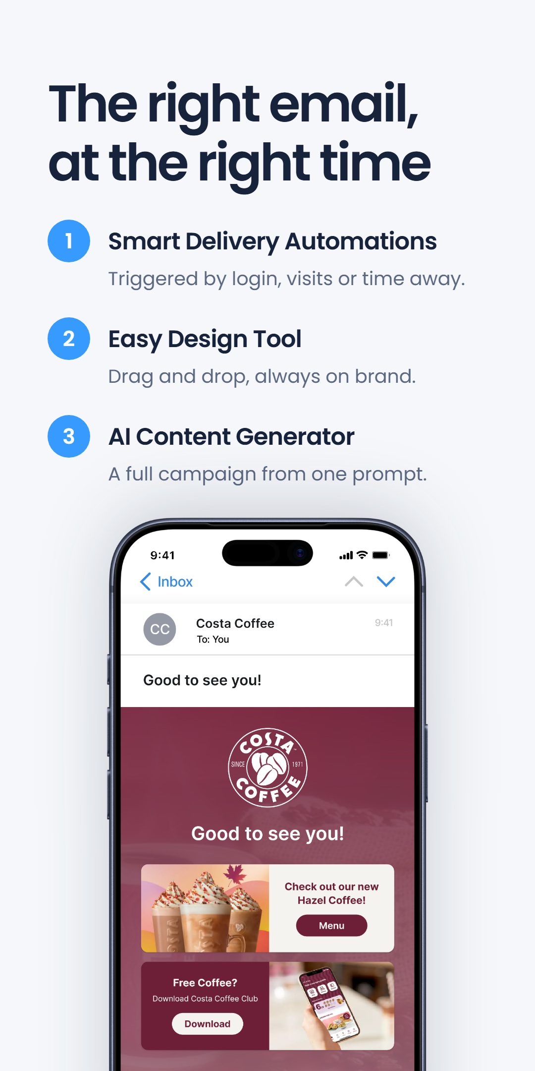 Three-step list covering smart delivery automations, an easy design tool and an AI content generator, next to a phone showing a branded marketing email in an inbox