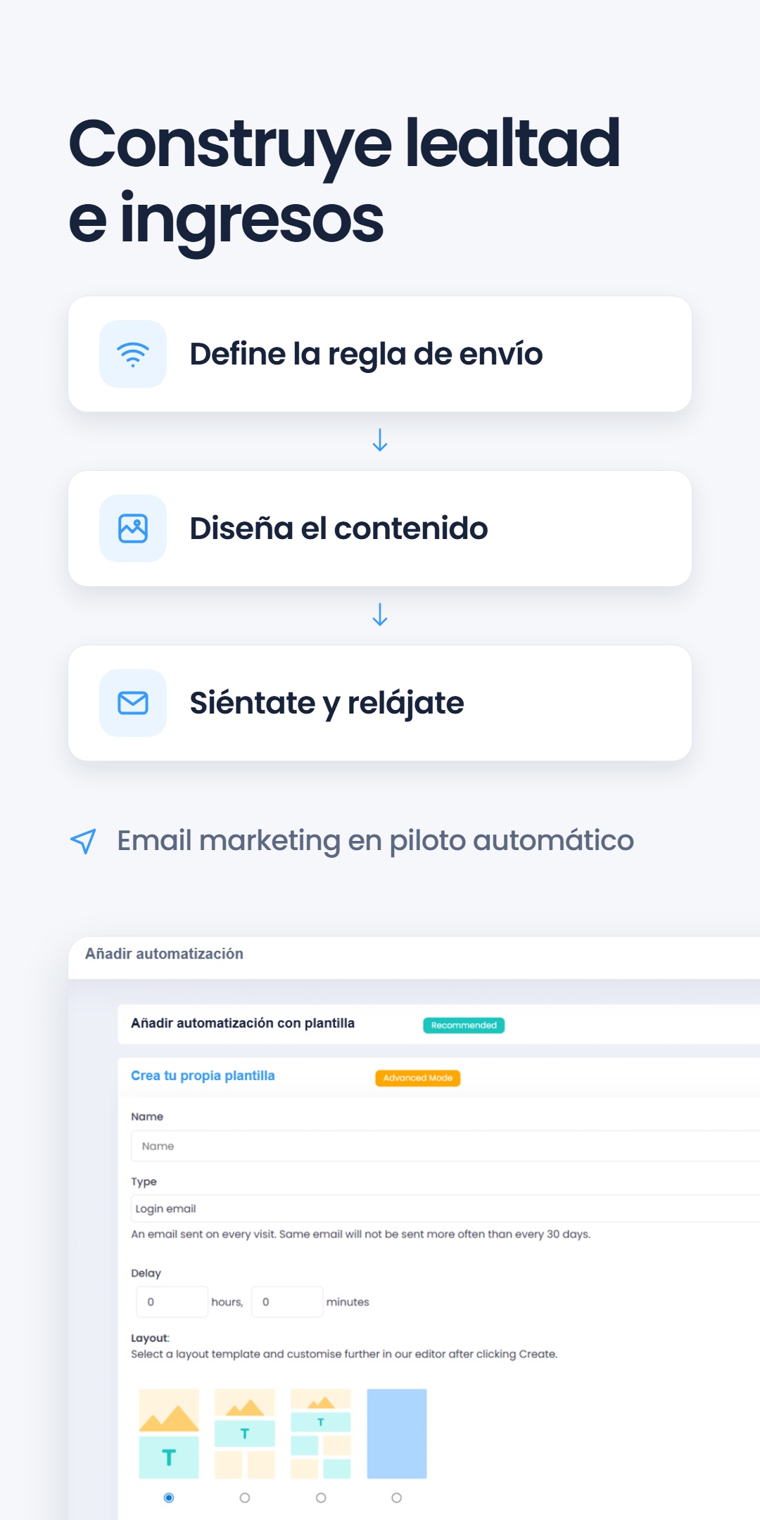 Proceso de tres pasos - define la regla de envío, diseña el contenido, siéntate y relájate - sobre una captura de pantalla del creador de automatizaciones, bajo el titular 'Construye lealtad e ingresos'