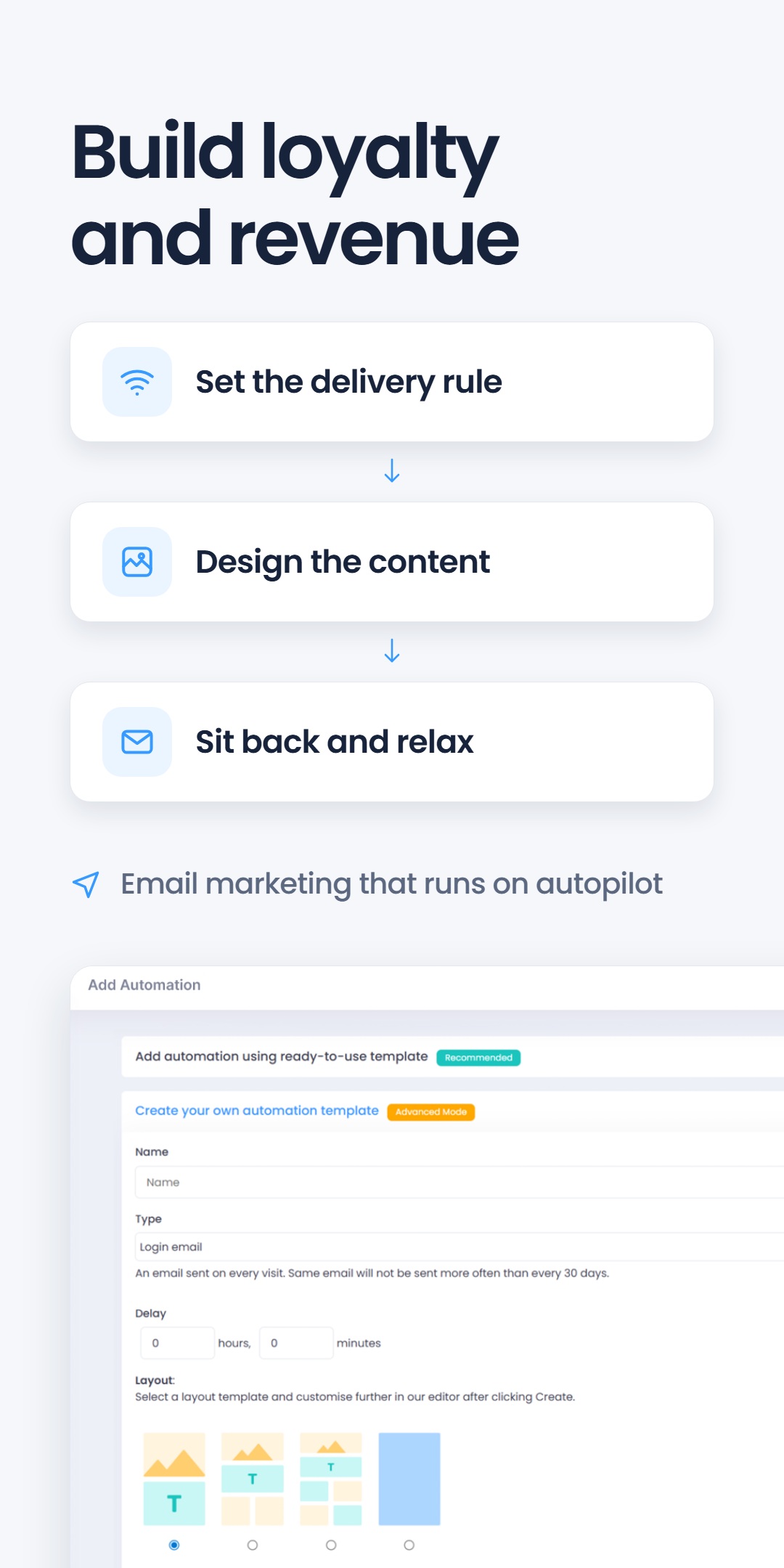 Three-step automation flow - set the delivery rule, design the content, sit back and relax - above a screenshot of the automation builder interface