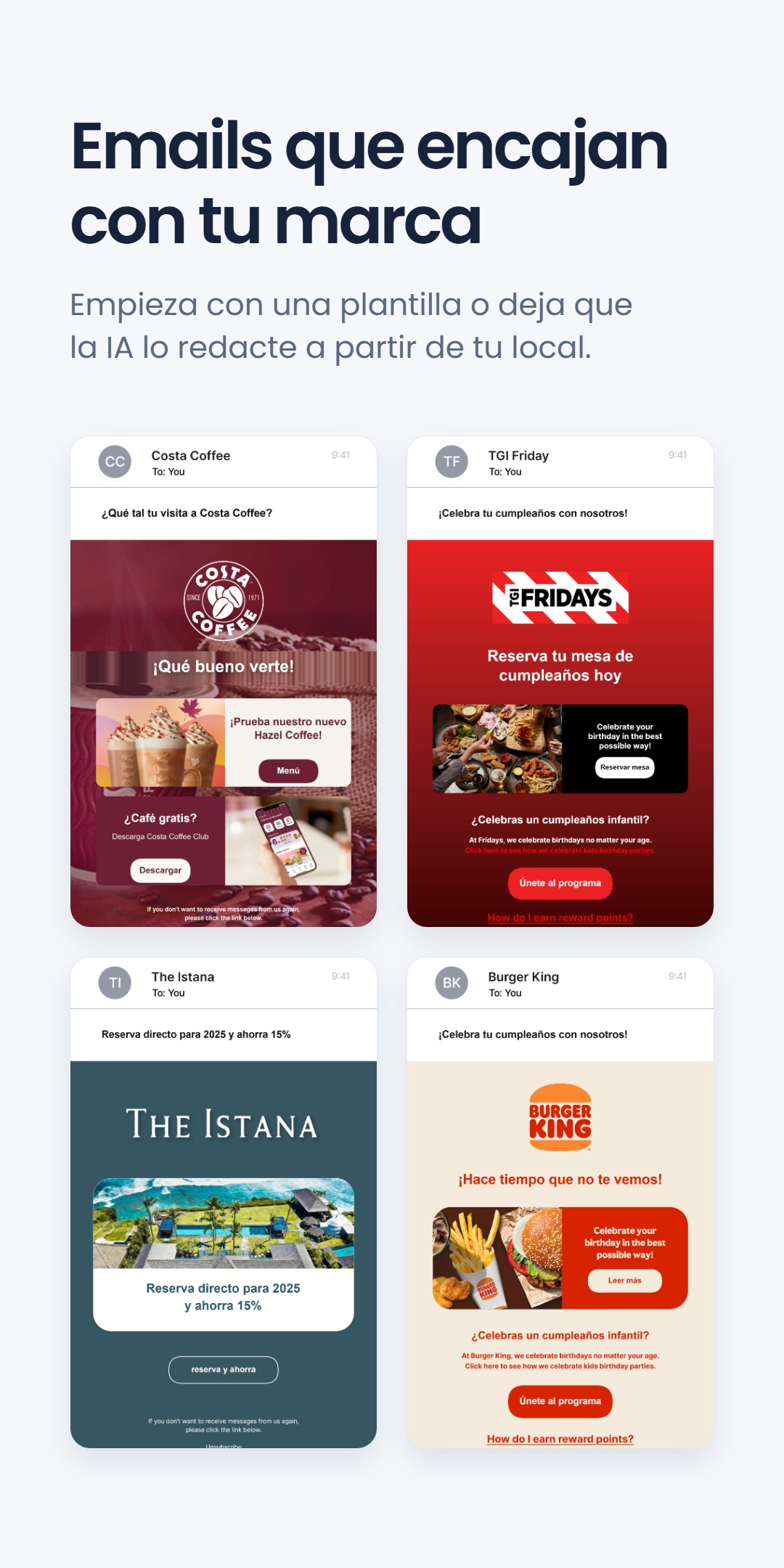 Cuatro correos electrónicos de marca - Costa Coffee, TGI Friday, The Istana y Burger King - bajo el titular 'Emails que encajan con tu marca'