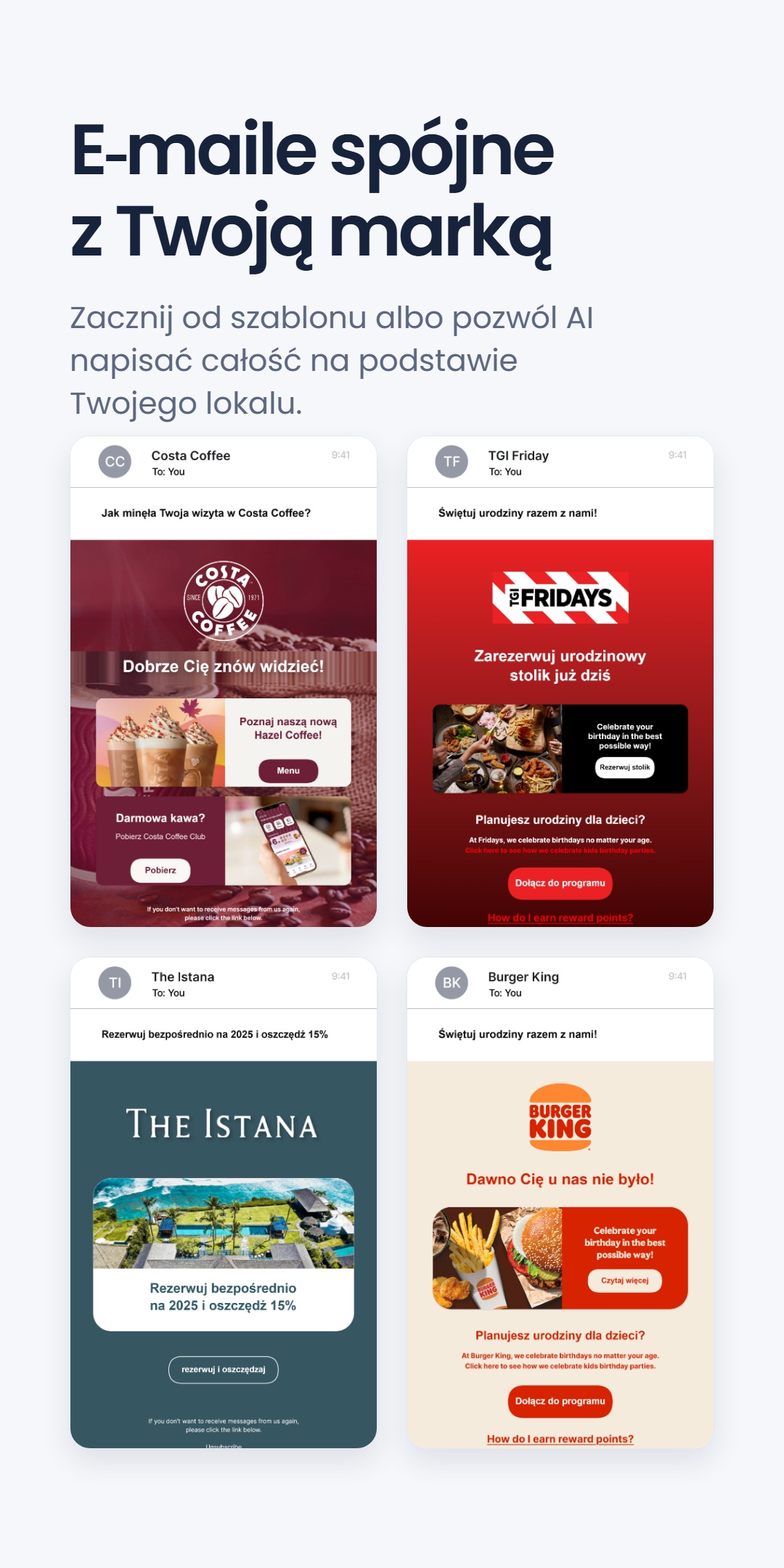 Cztery markowe e-maile - Costa Coffee, TGI Friday, The Istana i Burger King - pod nagłówkiem 'E-maile spójne z Twoją marką'