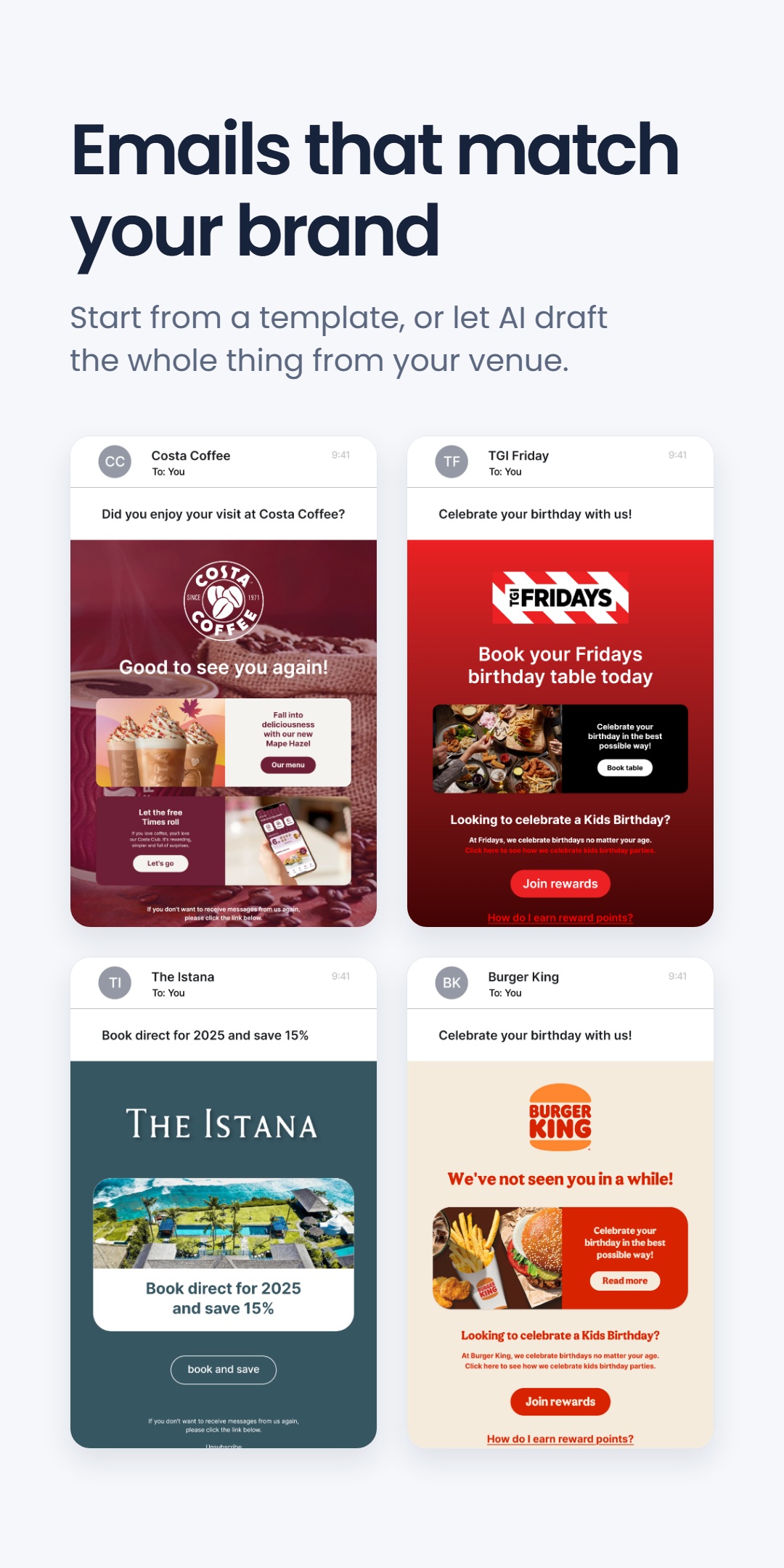 Four branded marketing emails for different venues shown in inbox previews, under the headline 'Emails that match your brand'