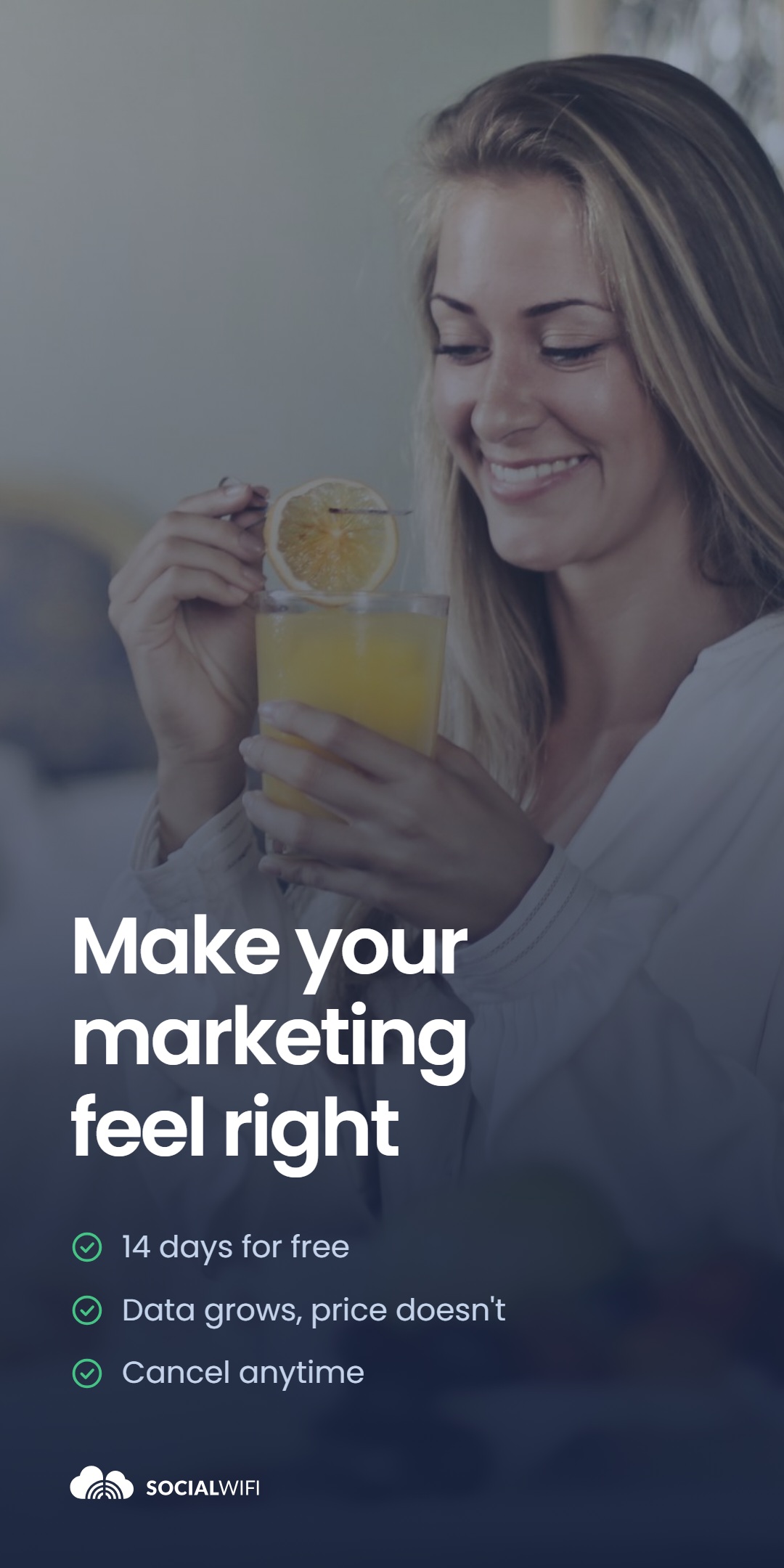 Woman smiling while enjoying a drink at home, next to the headline 'Make your marketing feel right'