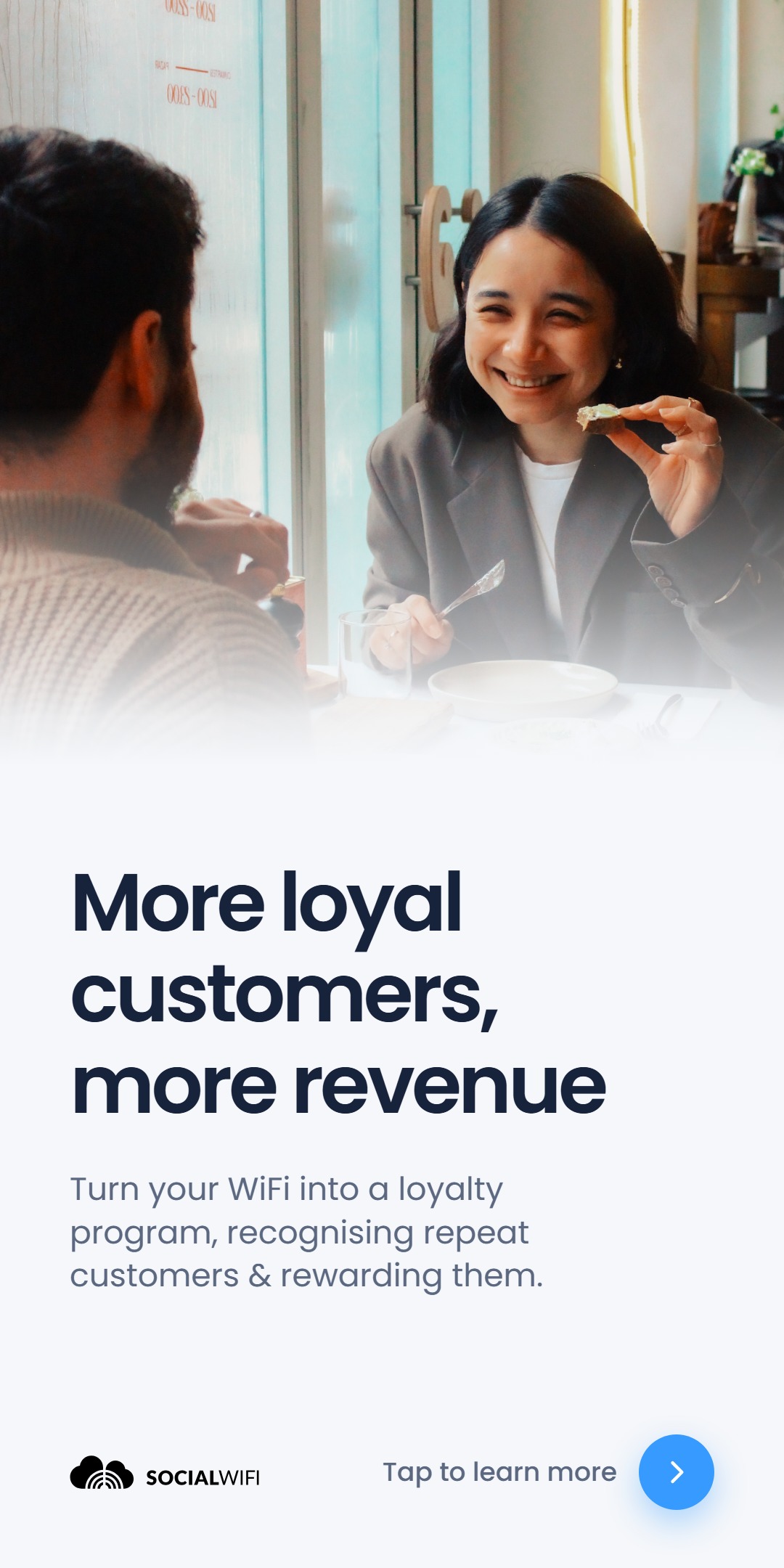 Two people at a cafe table, one smiling and holding a bite of food, with the headline 'More loyal customers, more revenue'