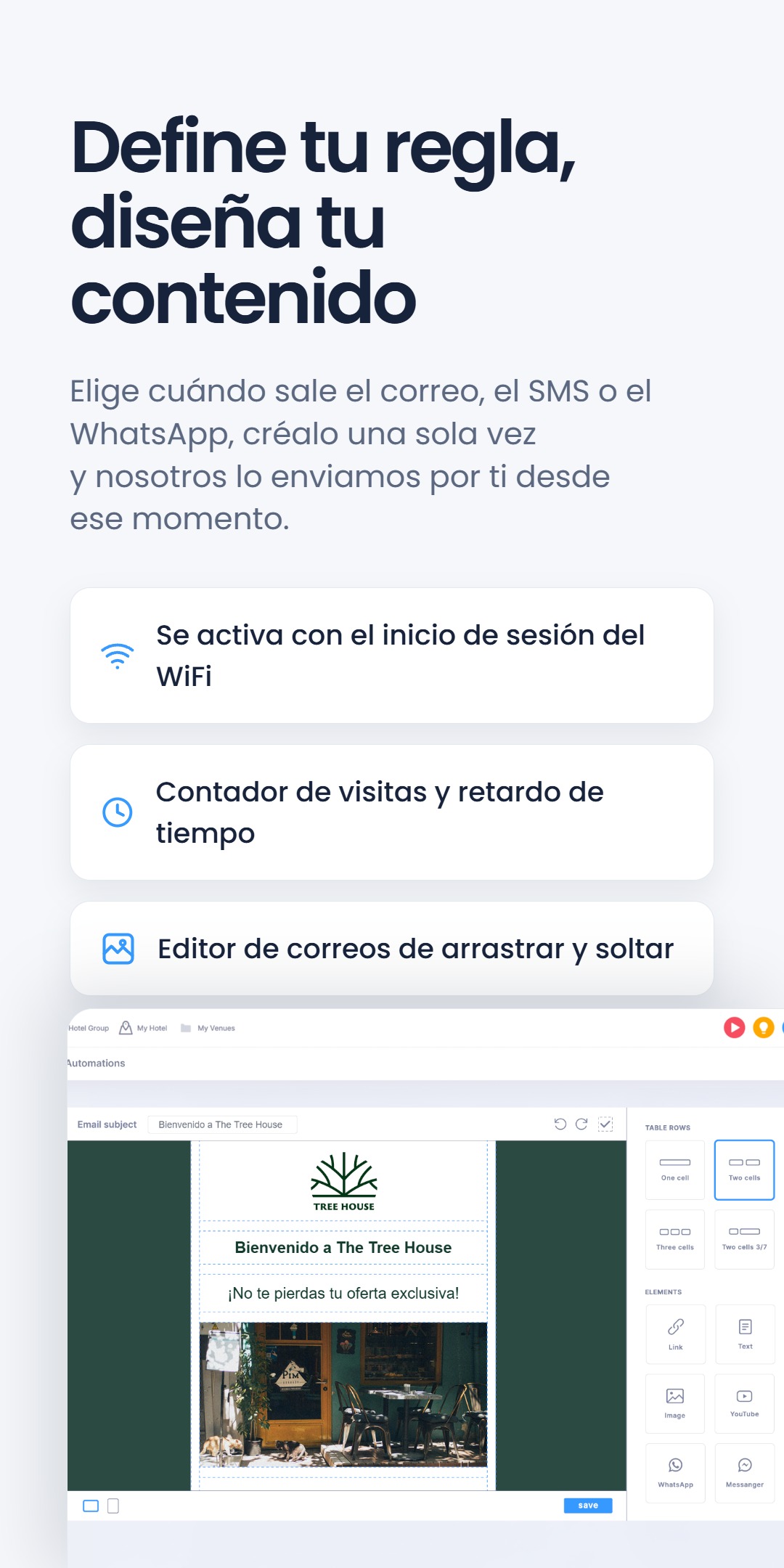 Tres elementos bajo el titular 'Define tu regla, diseña tu contenido' - se activa con el inicio de sesión del WiFi, contador de visitas y retardo de tiempo, editor de correos de arrastrar y soltar - junto a una captura del panel de automatización de Tree House
