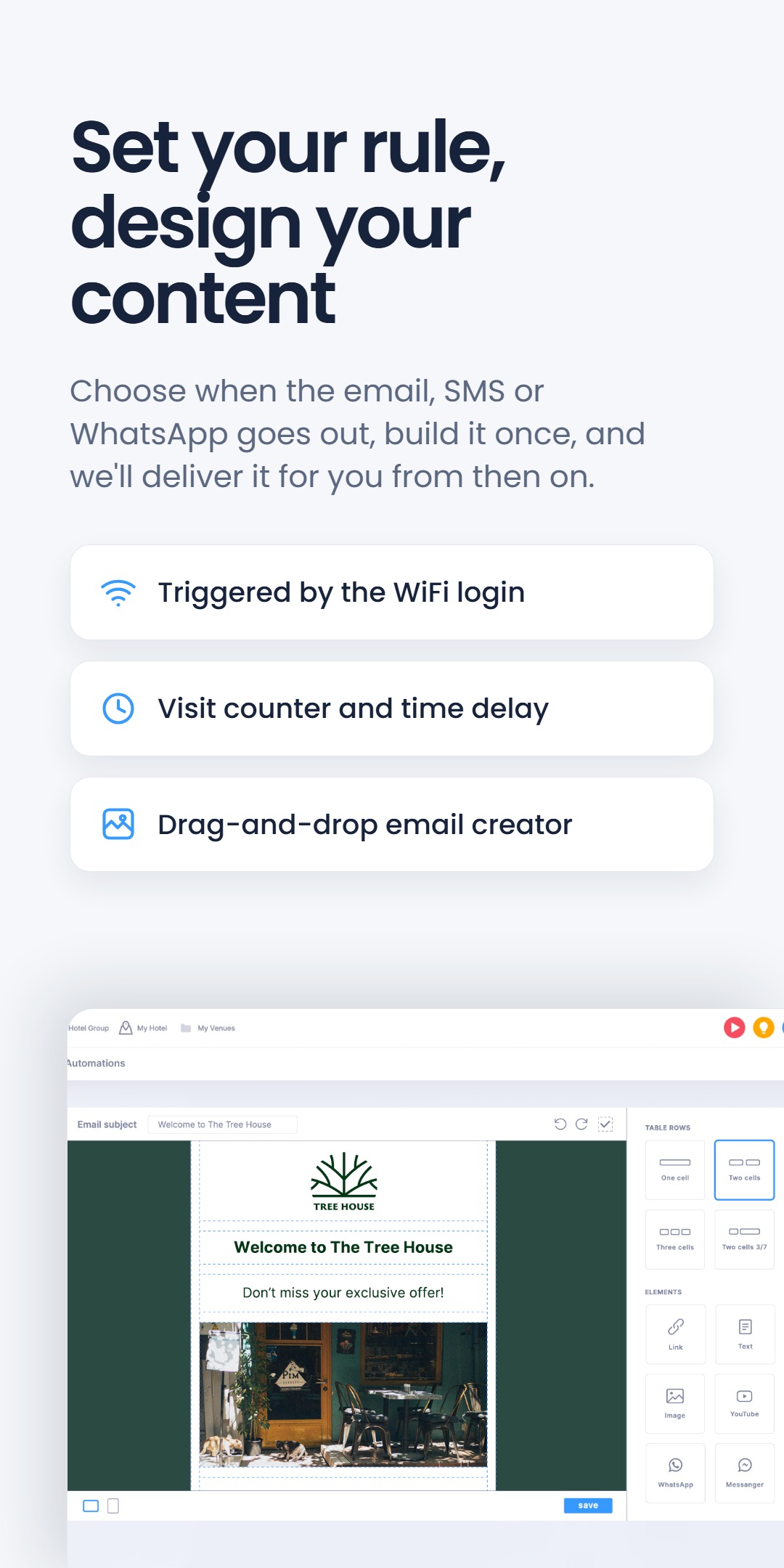 Three feature highlights - triggered by the WiFi login, visit counter and time delay, drag-and-drop email creator - under the headline 'Set your rule, design your content', with an email builder screenshot
