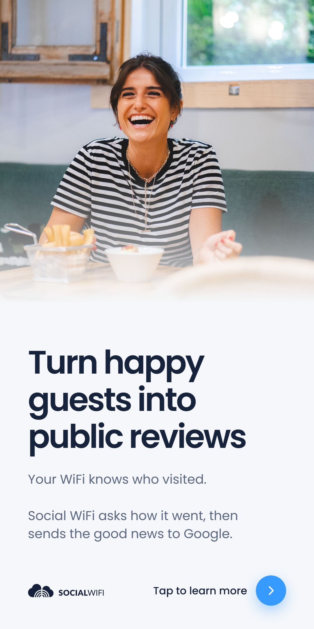 Smiling guest at a restaurant table, with the headline 'Turn happy guests into public reviews'