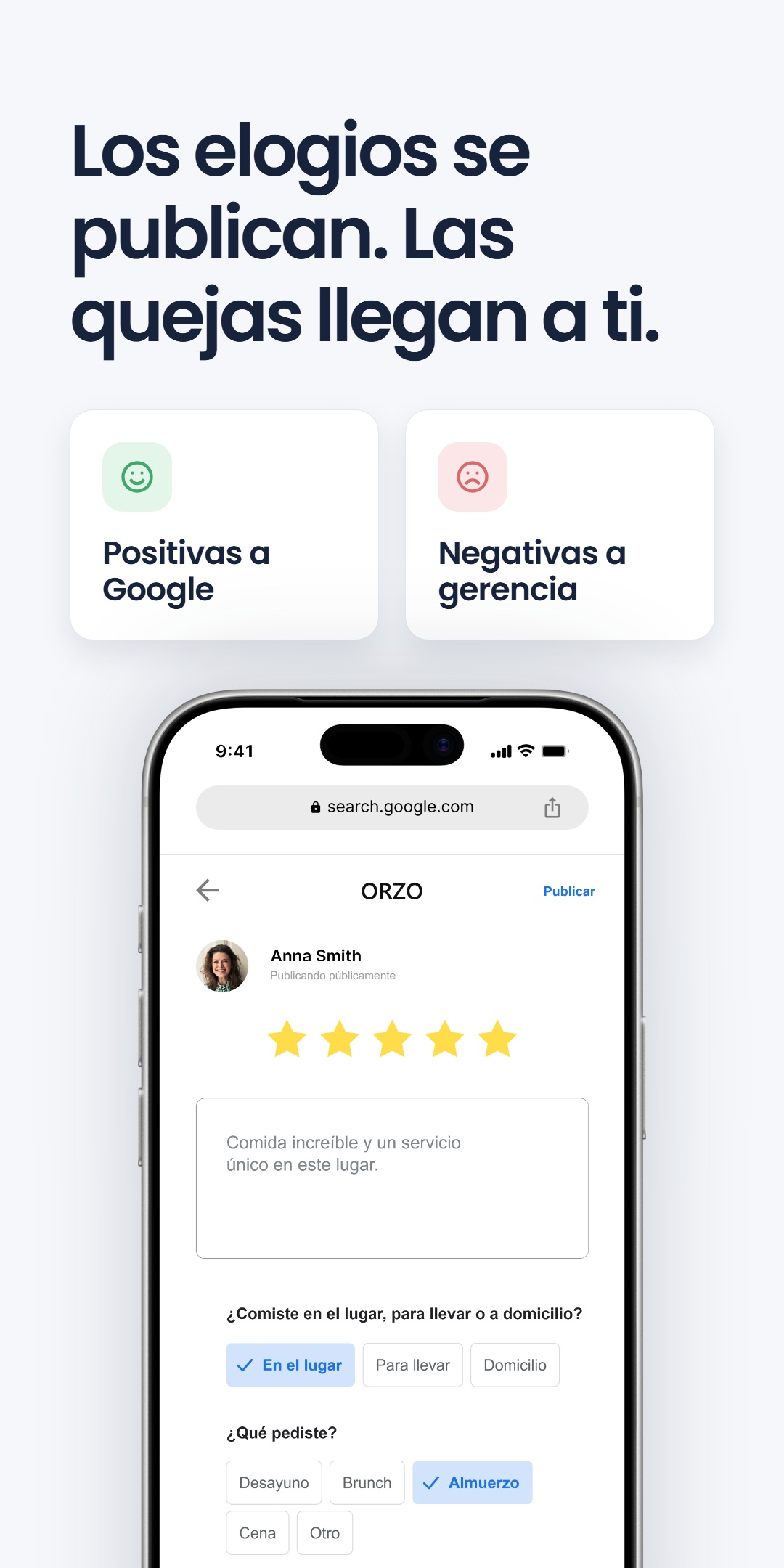 Pantalla de teléfono mostrando la publicación de una reseña de 5 estrellas en Google para ORZO, junto a las tarjetas 'Positivas a Google' y 'Negativas a gerencia', bajo el titular 'Los elogios se publican. Las quejas llegan a ti.'